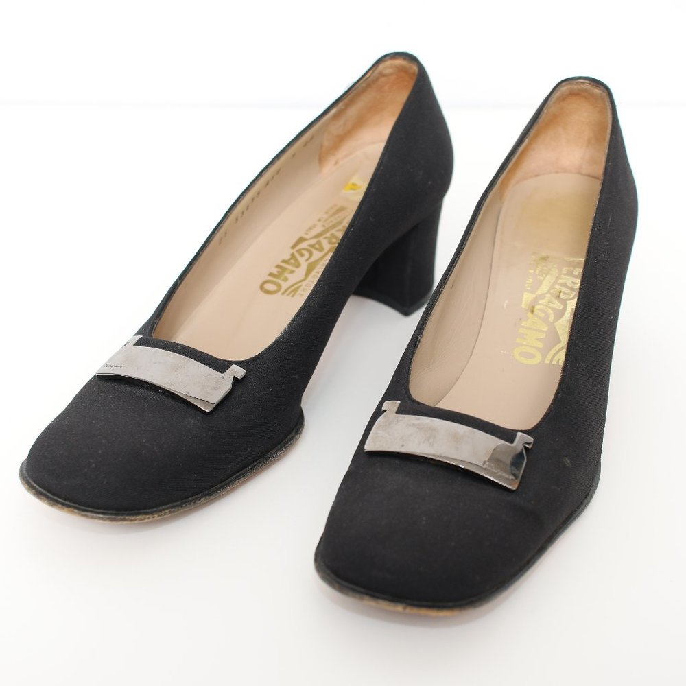 Salvatore Ferragamo Black Square Toe Fabric Pumps Sz 9